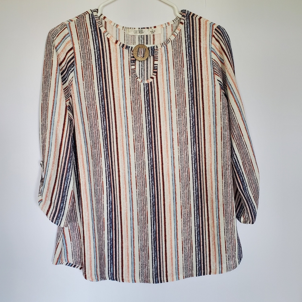 Cure Women Top Shirt, Vertical Striped, Size S, 3/4 Sleeves, Blue Rust Cream NWT